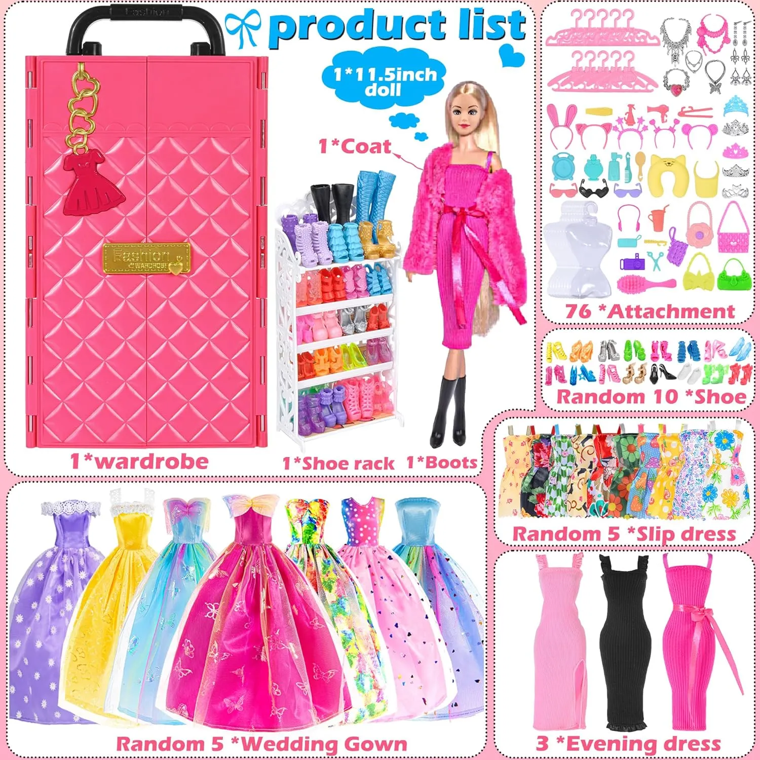 104-Piece Fashion Doll Wardrobe Playset with Poseable 11.5" Doll & 104 Accessories | ASTM-Certified Pretend Play Gift Set for Girls Ages 3  (Including One Doll)