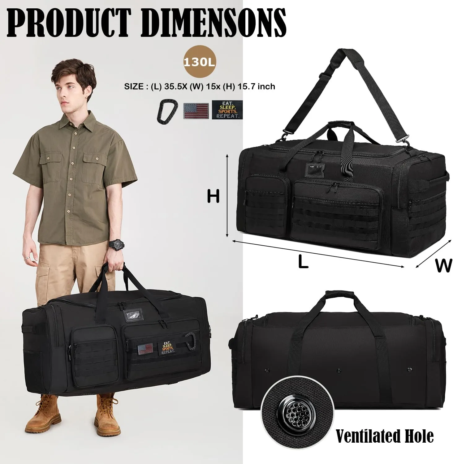 130L Extra Large Duffle Bag for Men, Heavy Duty Duffle Bag for Travel, Large Sports Gym Equipment Bag for Hockey Football Baseball Soccer Basketball & Team training, Black