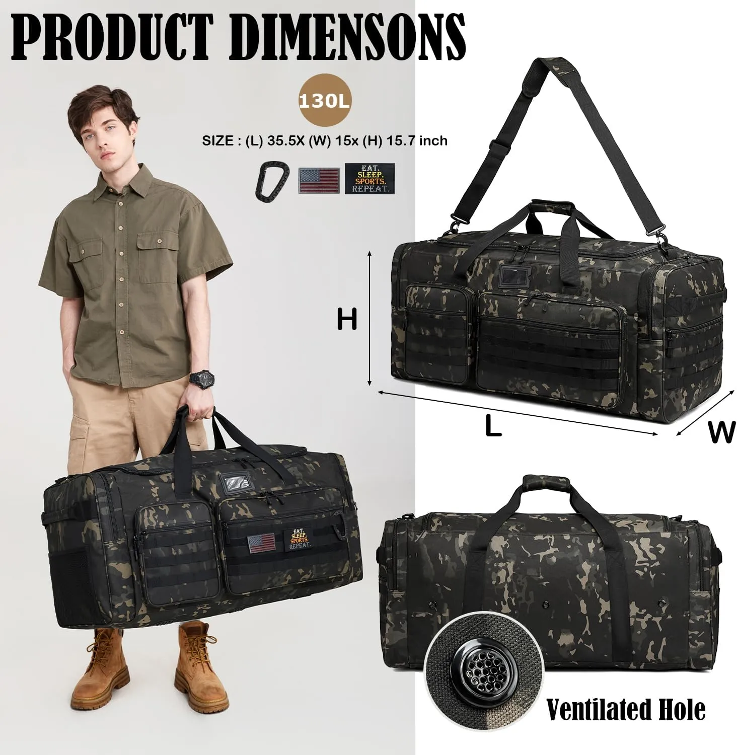 130L Extra Large Duffle Bag for Men, Heavy Duty Duffle Bag for Travel, Large Sports Gym Equipment Bag for Hockey Football Soccer Baseball Basketball & Team training, Dark Camo