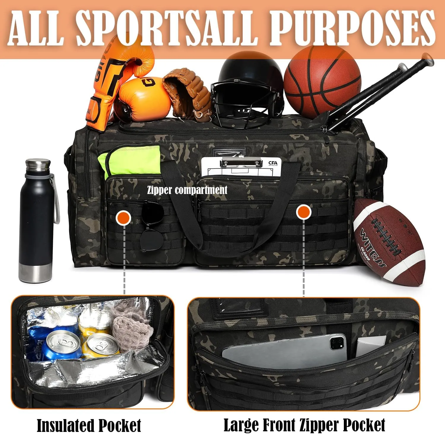 130L Extra Large Duffle Bag for Men, Heavy Duty Duffle Bag for Travel, Large Sports Gym Equipment Bag for Hockey Football Soccer Baseball Basketball & Team training, Dark Camo