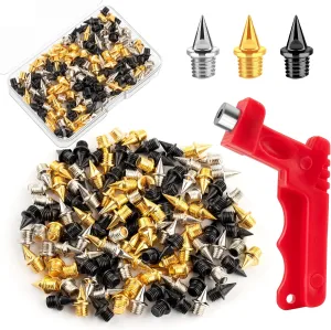 1/4 inch Track Spikes Pyramid, 120 Pieces Steel Spikes with Storage Box and Small Wrench, Gold, Silver and Black Mixed Spikes for Youth Track Athletes Running Cross Country Replacement