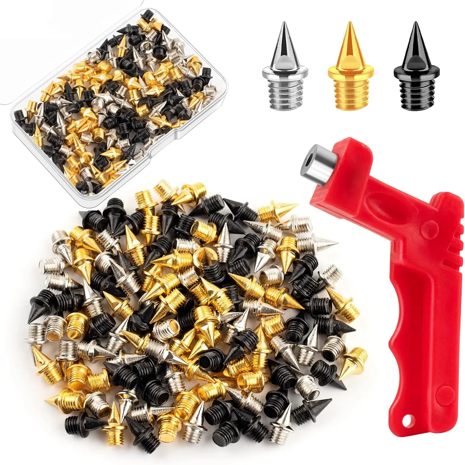 1/4 inch Track Spikes Pyramid, 120 Pieces Steel Spikes with Storage Box and Small Wrench, Gold, Silver and Black Mixed Spikes for Youth Track Athletes Running Cross Country Replacement