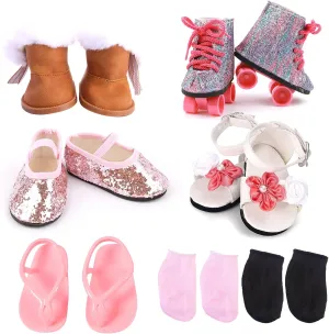 18 inch Doll Shoes Set-5 Pairs of Doll Shoes 2 Socks 18” Doll Shoes Accessories Includes Snow Boots/Roller Skates/Sandals/Flip-Flops/Dance Shoes/Pink/Black Socks for American Doll Boy or Girl Dolls