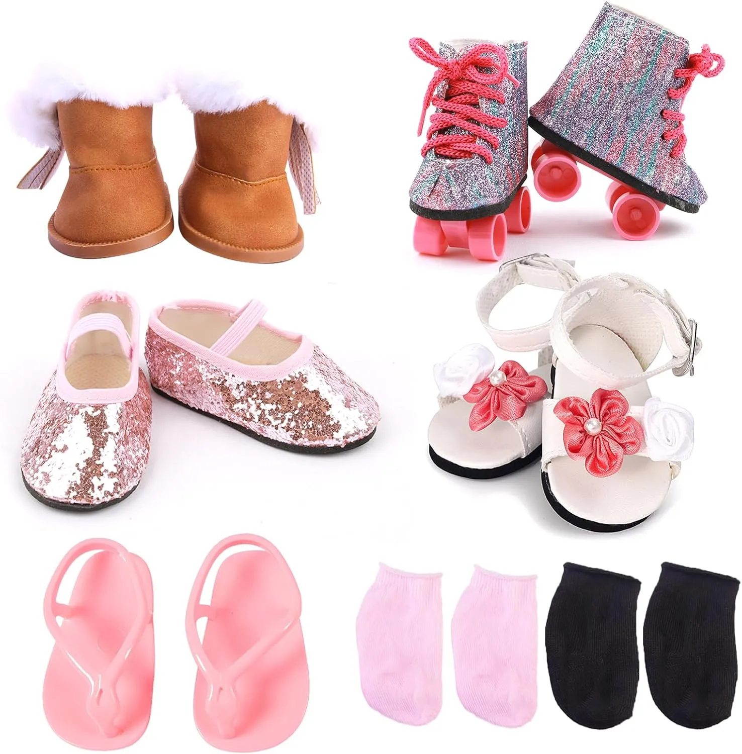 18 inch Doll Shoes Set-5 Pairs of Doll Shoes 2 Socks 18” Doll Shoes Accessories Includes Snow Boots/Roller Skates/Sandals/Flip-Flops/Dance Shoes/Pink/Black Socks for American Doll Boy or Girl Dolls