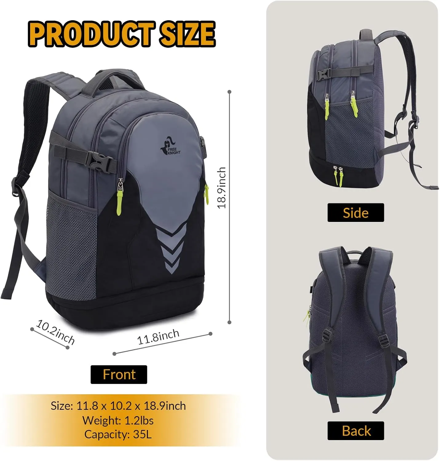 35L Basketball Backpack Large Sports Bag with Separate Ball compartment, for Basketball Soccer Volleyball Swim Gym Travel