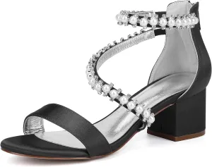 5.5CM Women's Wide Block Wedding Shoes Zipper Back Bridal Shoe Ankle Strap Adjustable Heels Dressy Satin Open Toe Sandal Comfortable S Strap