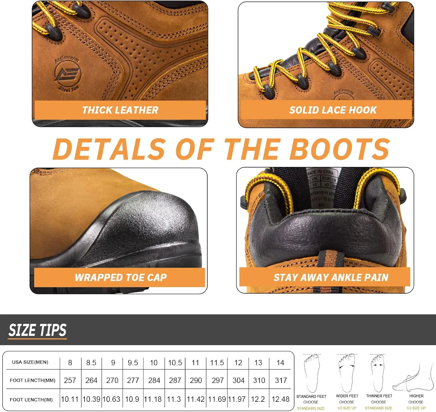 6" Steel Toe Work Boots for Men Waterproof Durable Crazy-Horse Non Slip Industrial and Construction Safety Footwear Mens Work Boots