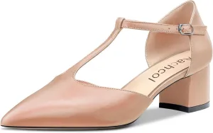Aachcol Women Chunky Block Mid Low Heel Pumps Ankle Strap T-Strap Pointed Toe Dress Shoes Party Wedding Satin 2 Inch