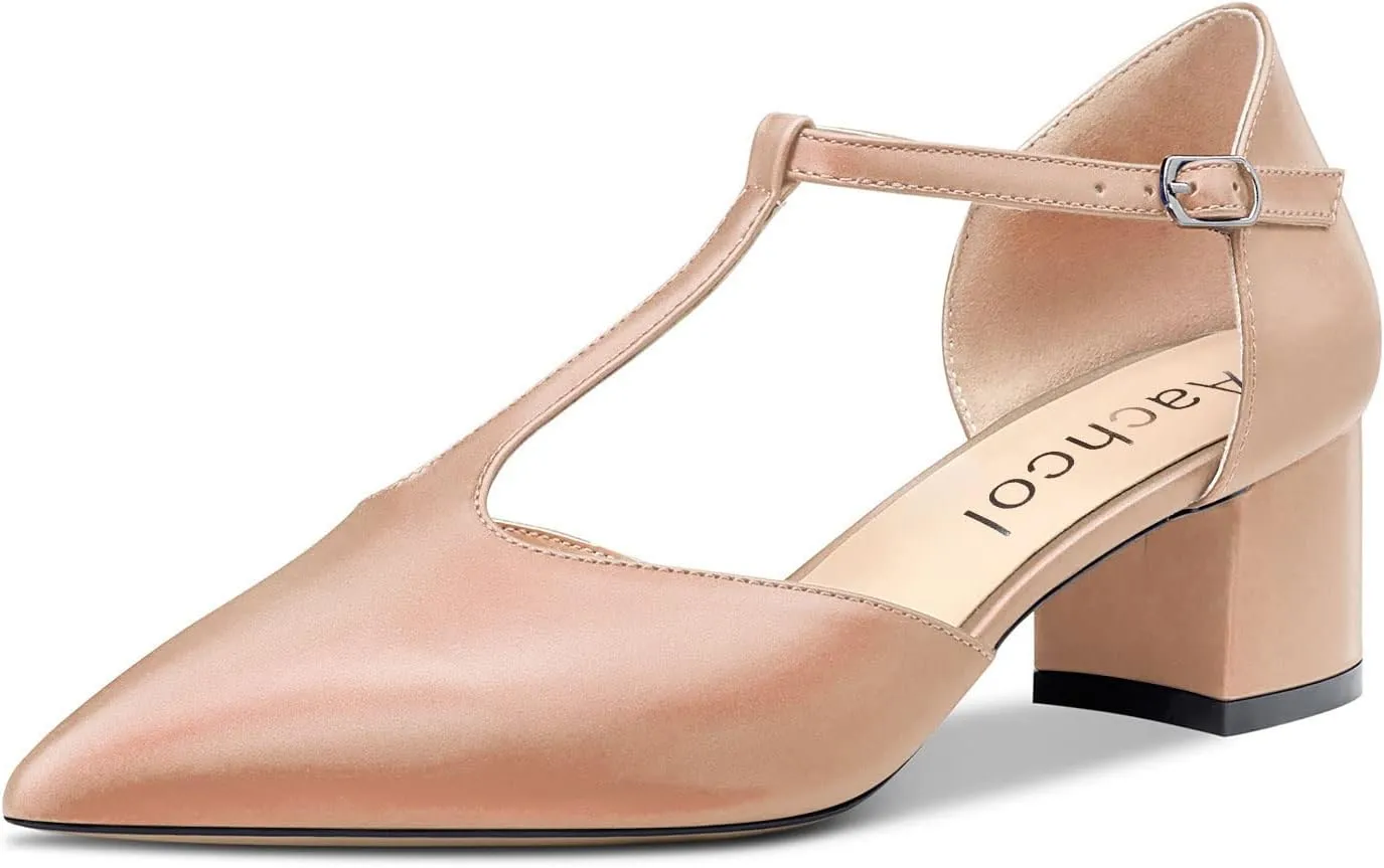 Aachcol Women Chunky Block Mid Low Heel Pumps Ankle Strap T-Strap Pointed Toe Dress Shoes Party Wedding Satin 2 Inch