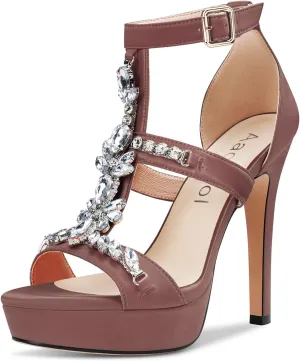 Aachcol Women Platform Stiletto High Heel Roman Sandals Ankle Strap Slingback Round Peep Open Toe Dress Shoes Office Party Wedding Satin 5 Inch