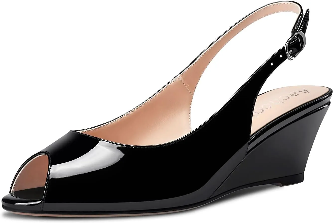 Aachcol Women Wedge Pumps Peep Open Toe Chunky Block Mid Heel Slingback Ankle Strap Sandals Dress Shoes Party 2 Inch