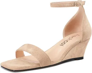 Aachcol Women Wedge Sandals Square Open Toe Mid Low Heel Ankle Strap Dress Shoes 2 Inch