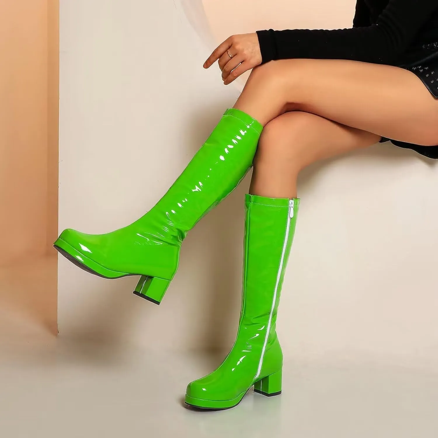 Agodor Women's 70's Gogo Boots Chunky Knee High Platform Boots with Zipper