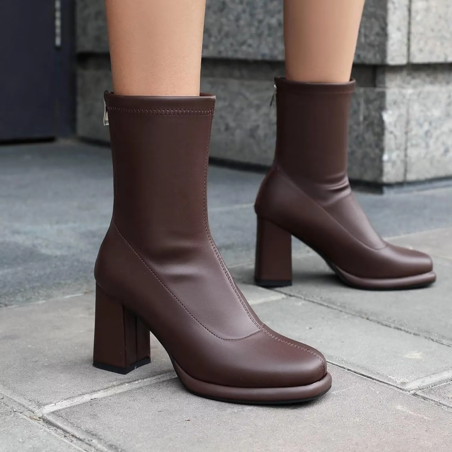 Agodor Women's Square Toe Block Heel Boots Chunky High Heel Side Zipper Ankle Boots