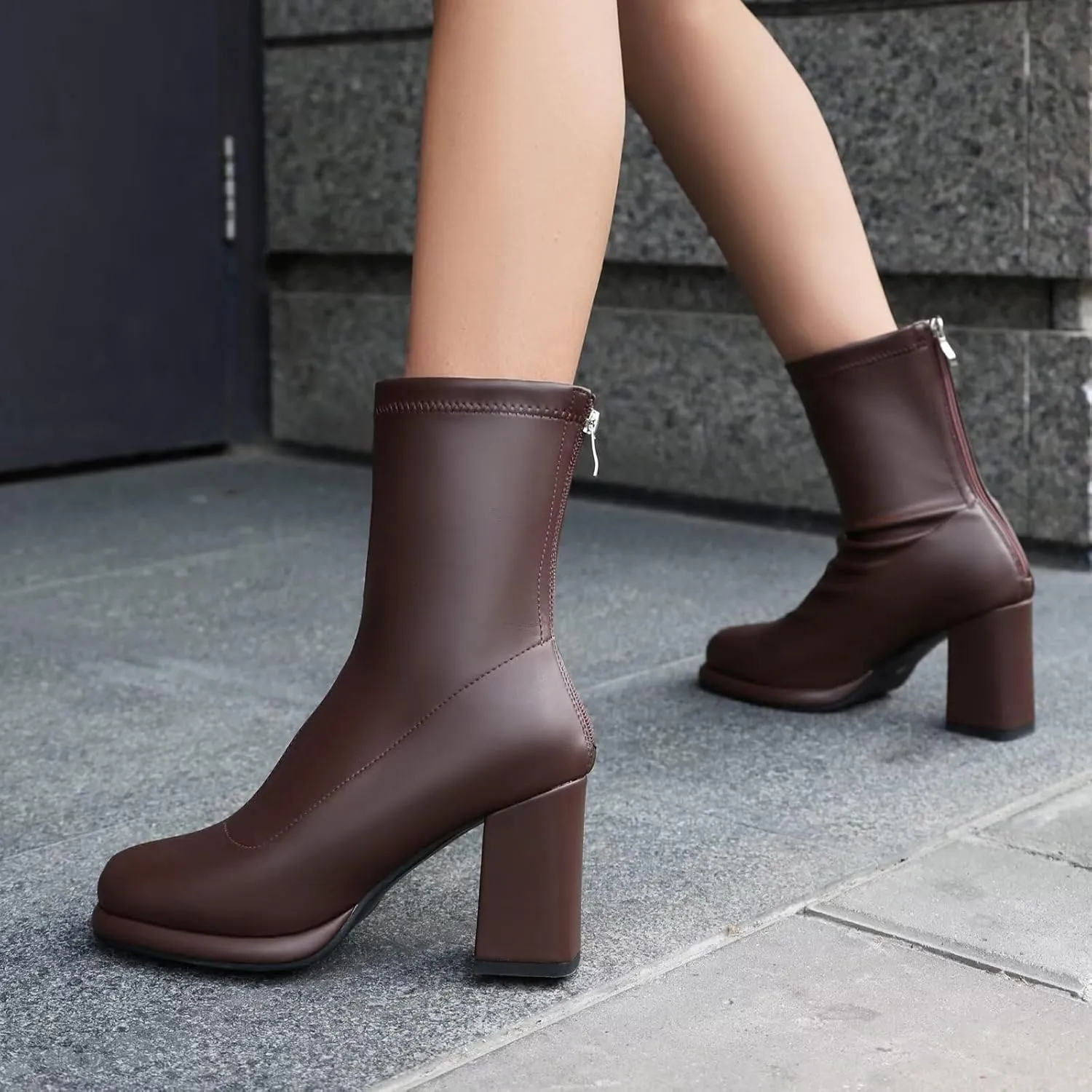 Agodor Women's Square Toe Block Heel Boots Chunky High Heel Side Zipper Ankle Boots
