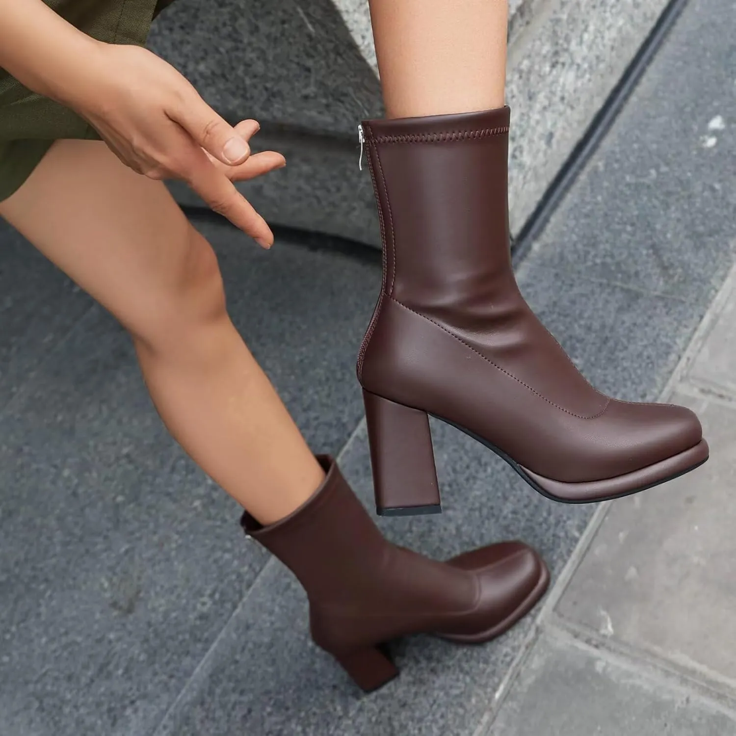 Agodor Women's Square Toe Block Heel Boots Chunky High Heel Side Zipper Ankle Boots