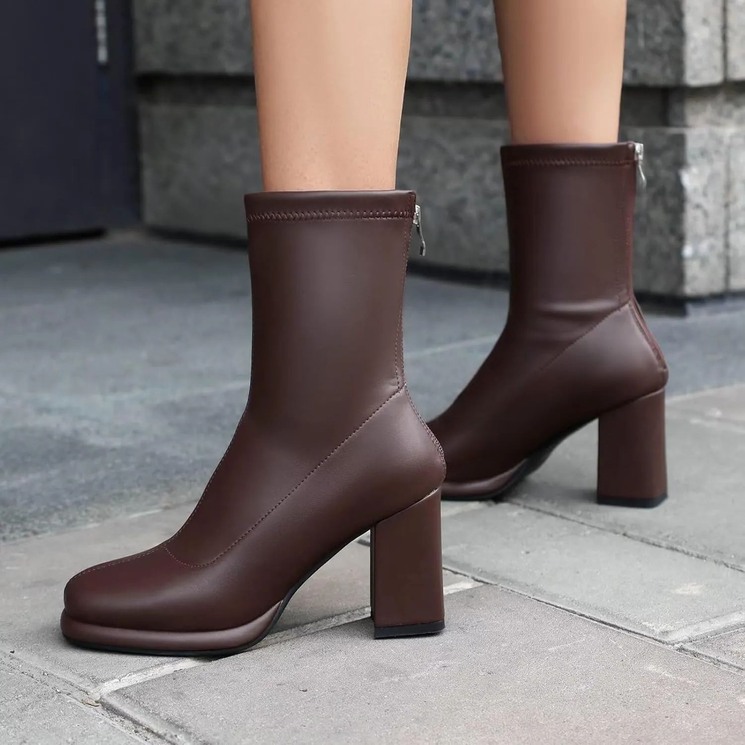Agodor Women's Square Toe Block Heel Boots Chunky High Heel Side Zipper Ankle Boots