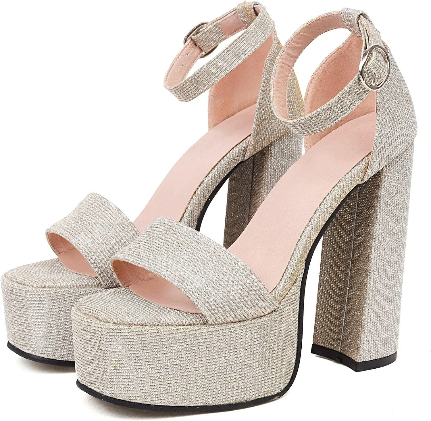 AIMODOR Womens Platform Chunky High Heel Glitter Peep Toe Ankle Strap Sandals