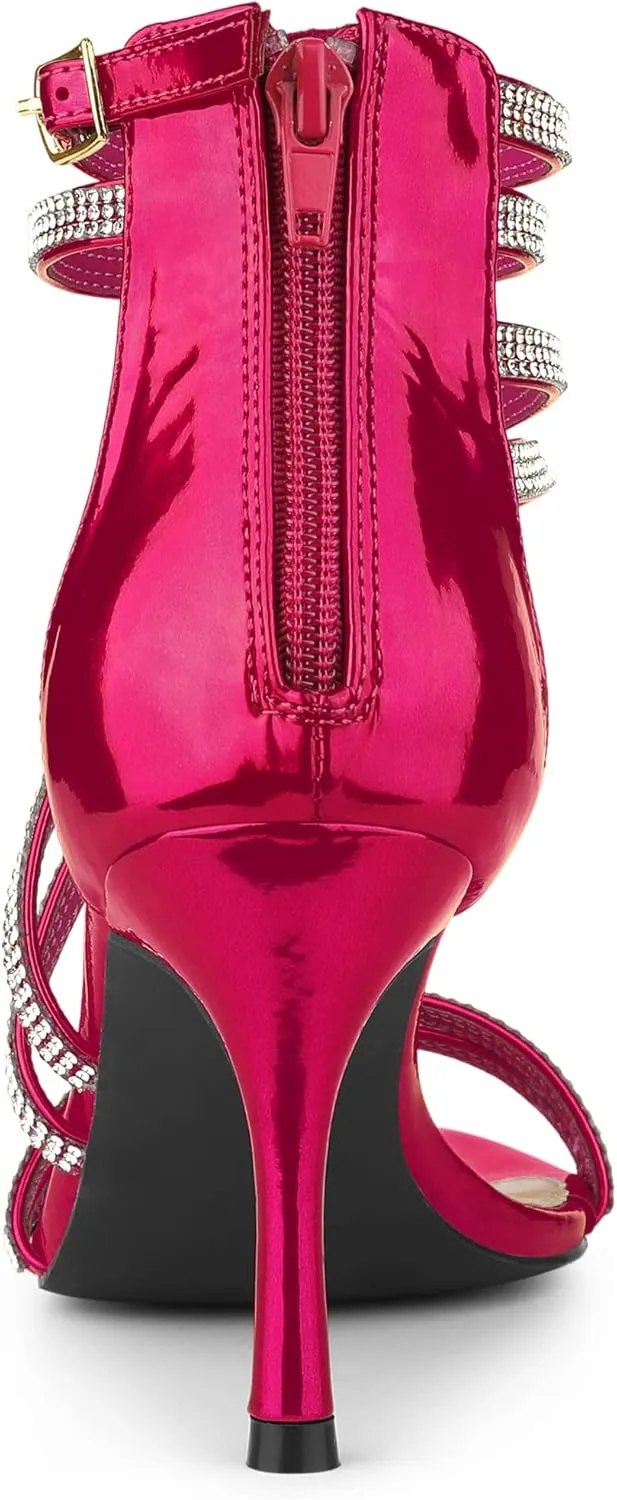 Allegra K Women's Ankle Strap Rhinestone Stiletto Heeled Sandals