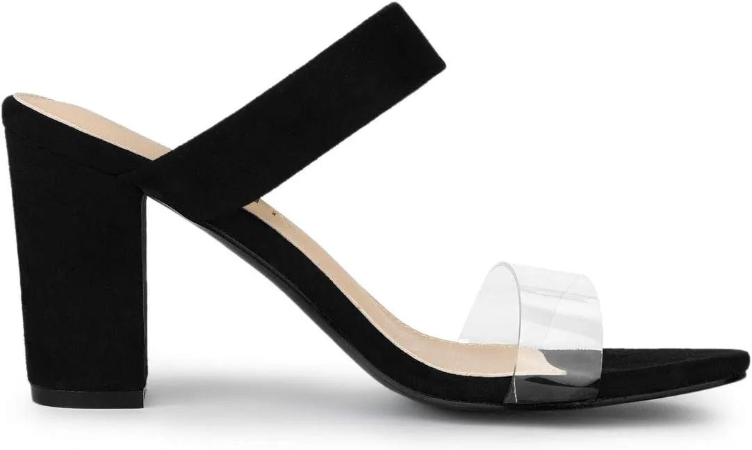 Allegra K Women's Dual Clear Strap Block Heels Slides Sandals