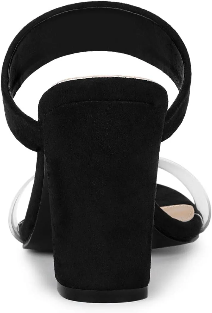 Allegra K Women's Dual Clear Strap Block Heels Slides Sandals