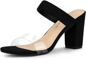 Allegra K Women's Dual Clear Strap Block Heels Slides Sandals