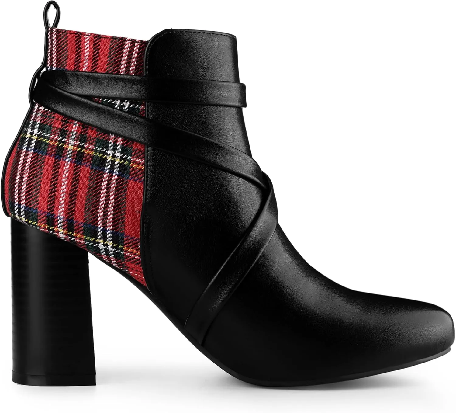 Allegra K Women's Pointy Toe Plaid Crisscross Strap Buckle Chunky Heels Ankle Booties