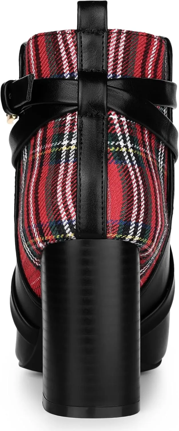 Allegra K Women's Pointy Toe Plaid Crisscross Strap Buckle Chunky Heels Ankle Booties