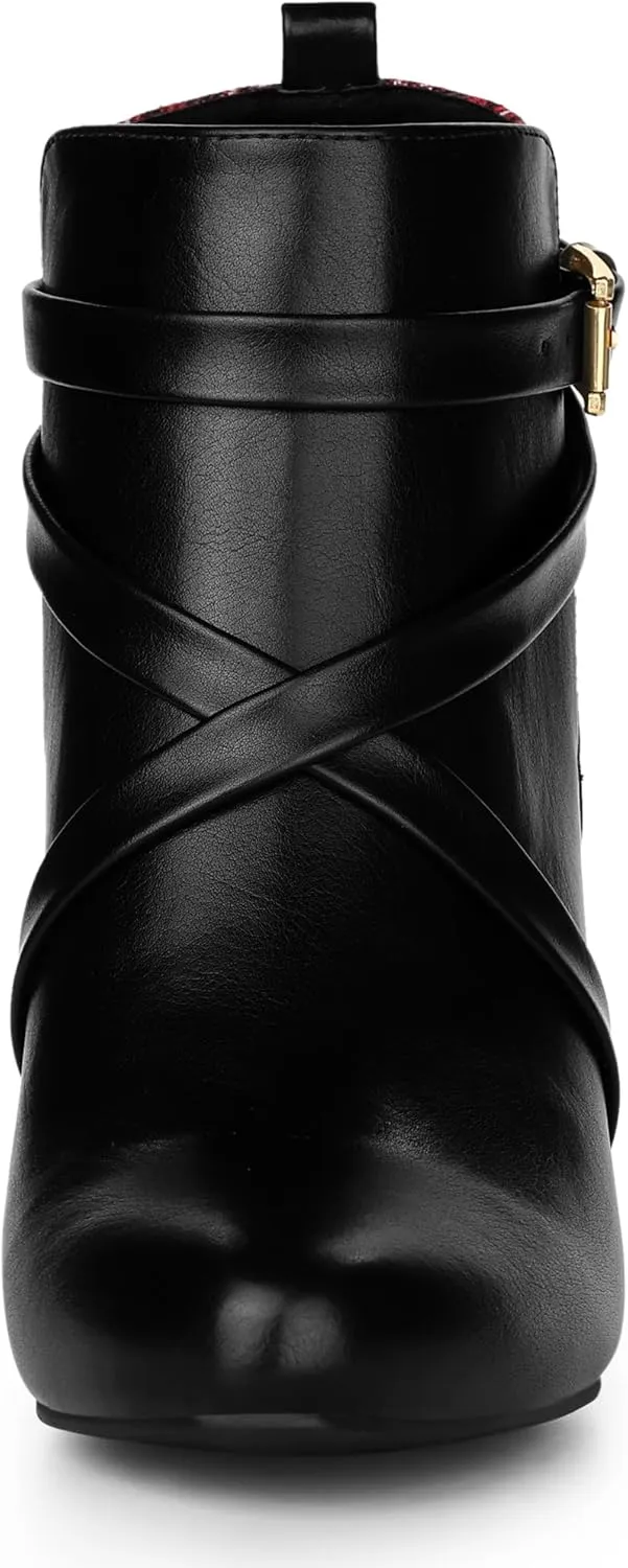 Allegra K Women's Pointy Toe Plaid Crisscross Strap Buckle Chunky Heels Ankle Booties