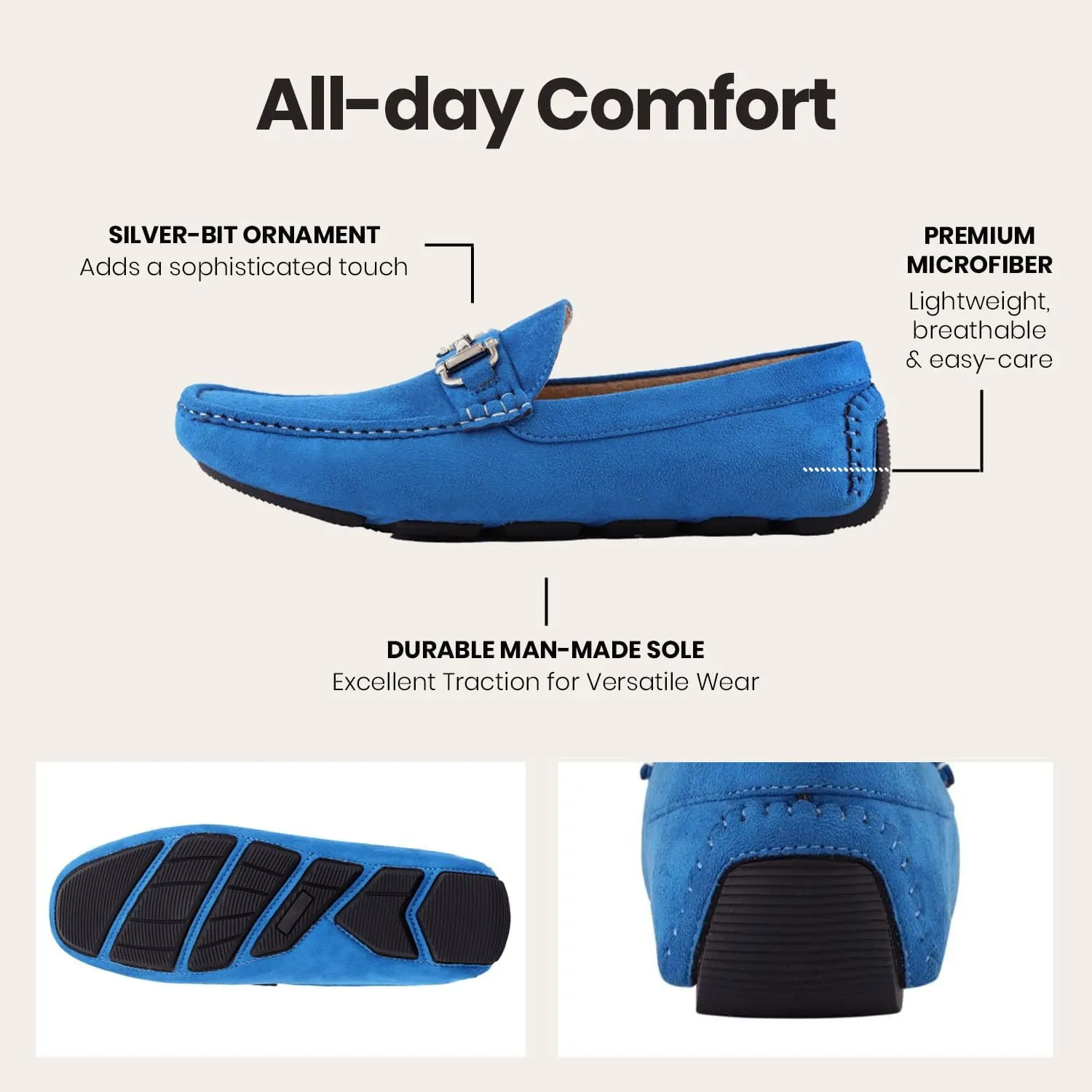 Amali Walken Men's Casual Slip-On Loafers, Driving Moccasin Shoes for Men with Silver Buckle, Available in Plush Microfiber and PU Leather