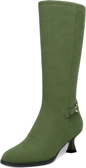 AMBELIGHT Womens Casual Round Toe Zip Suede Solid Dating Kitten Low Heel Mid Calf Boots 2 Inch