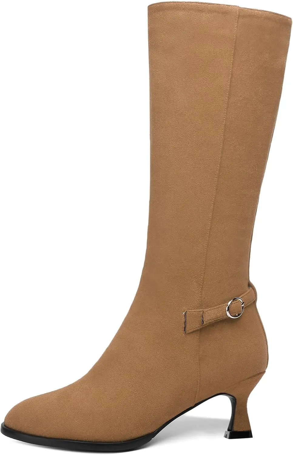 AMBELIGHT Womens Casual Round Toe Zip Suede Solid Dating Kitten Low Heel Mid Calf Boots 2 Inch