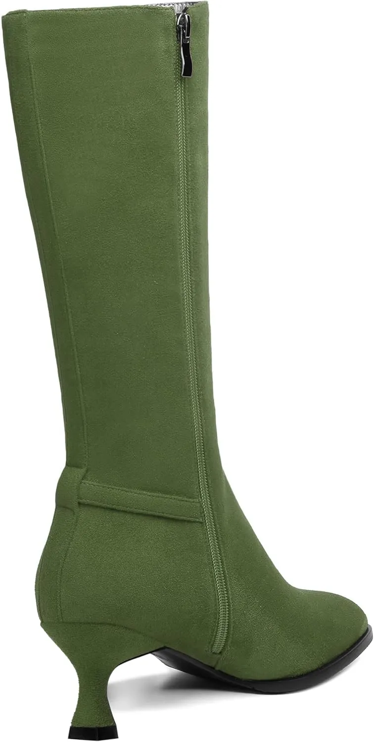 AMBELIGHT Womens Casual Round Toe Zip Suede Solid Dating Kitten Low Heel Mid Calf Boots 2 Inch