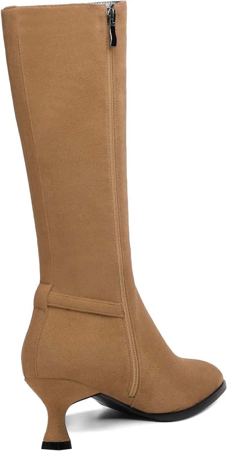 AMBELIGHT Womens Casual Round Toe Zip Suede Solid Dating Kitten Low Heel Mid Calf Boots 2 Inch