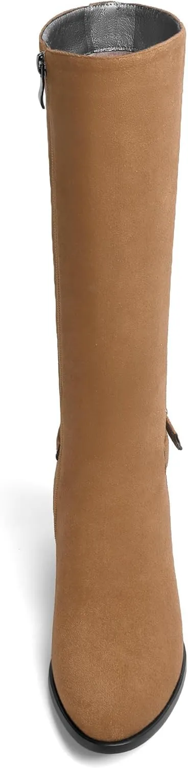 AMBELIGHT Womens Casual Round Toe Zip Suede Solid Dating Kitten Low Heel Mid Calf Boots 2 Inch