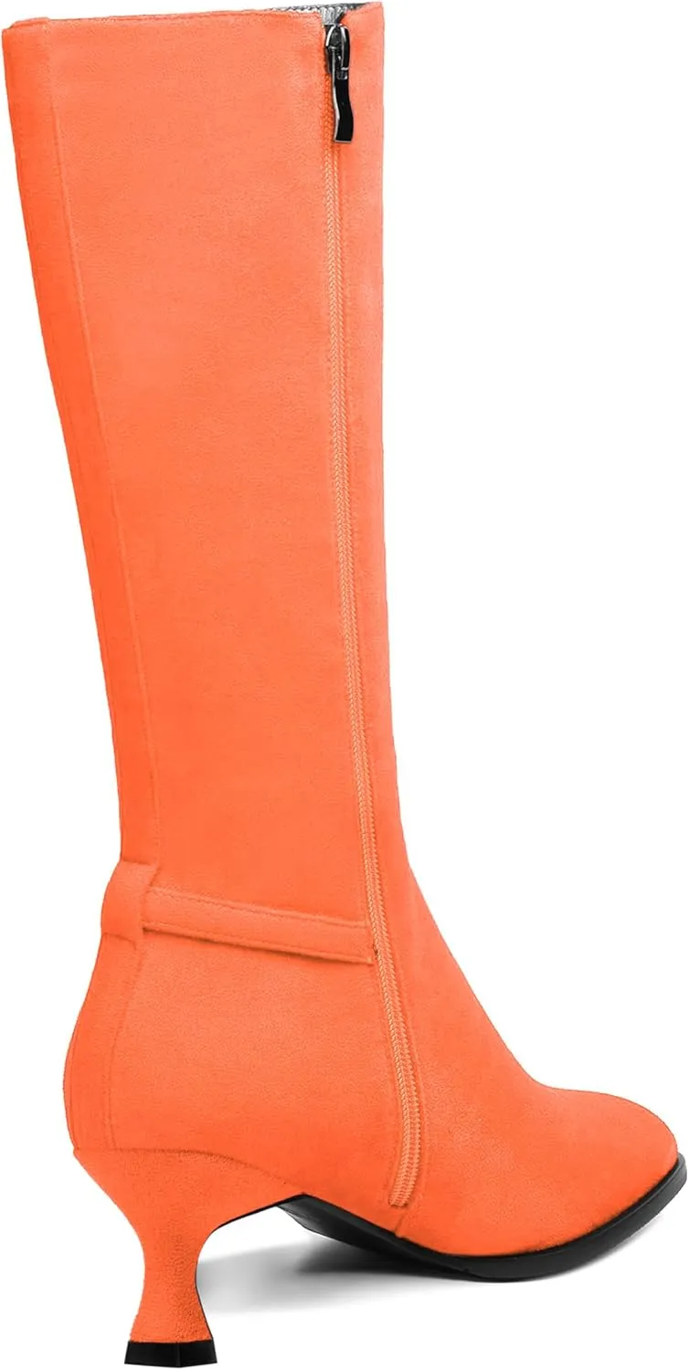 AMBELIGHT Womens Casual Round Toe Zip Suede Solid Dating Kitten Low Heel Mid Calf Boots 2 Inch