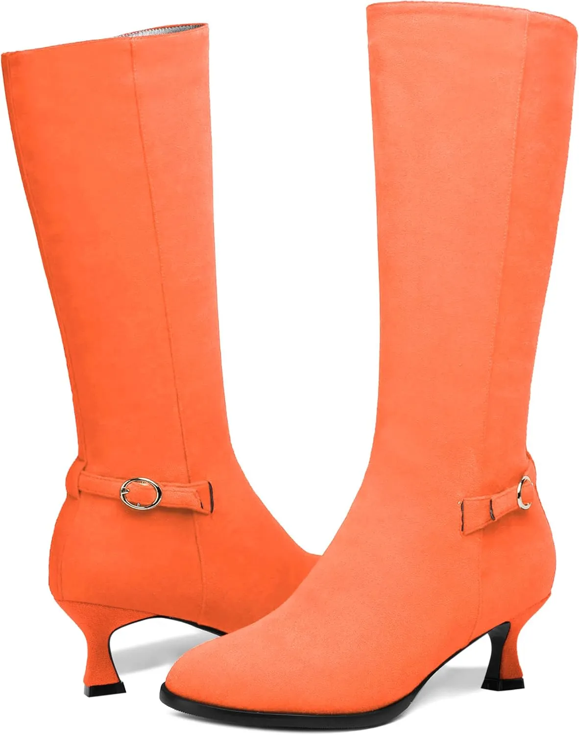 AMBELIGHT Womens Casual Round Toe Zip Suede Solid Dating Kitten Low Heel Mid Calf Boots 2 Inch