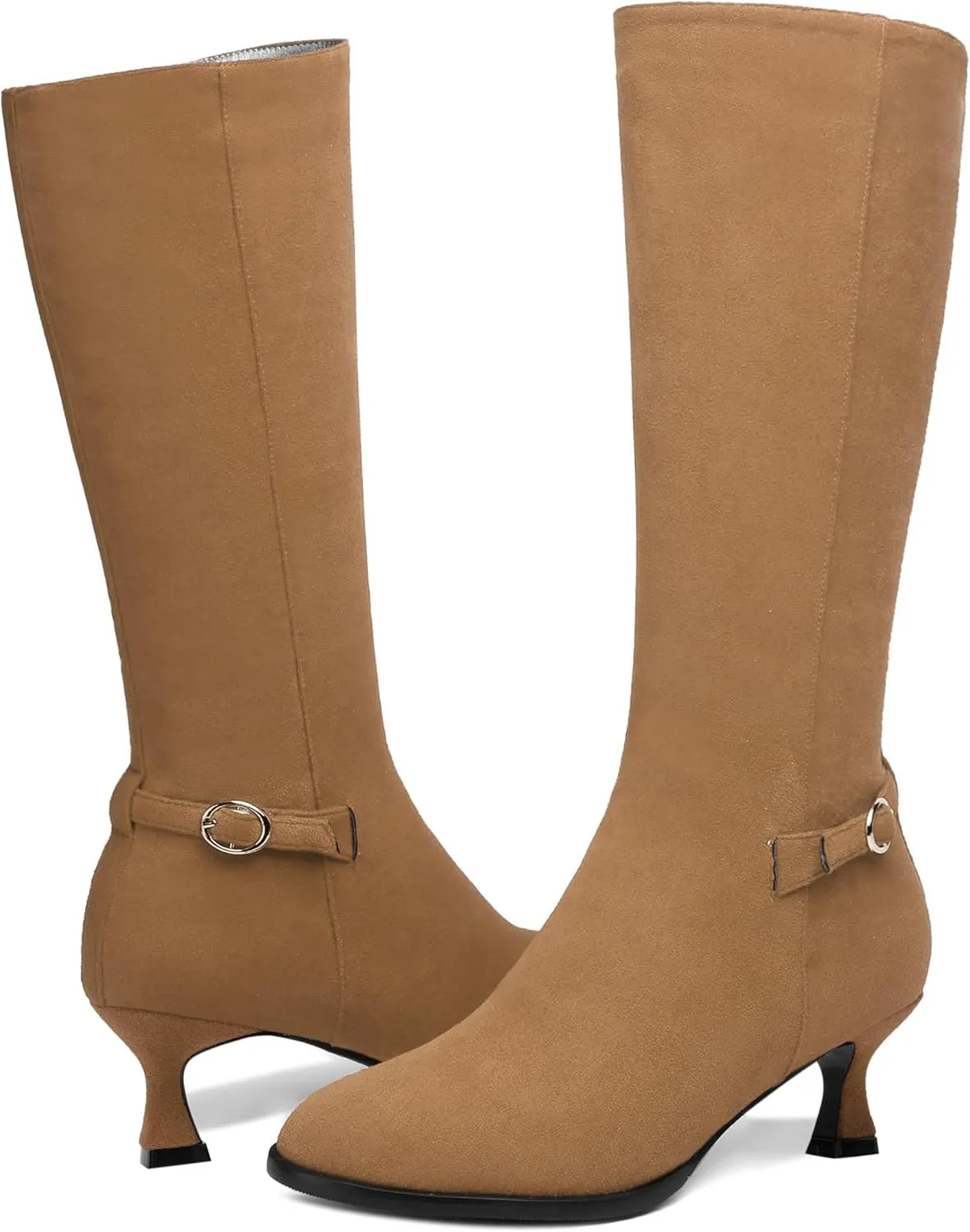 AMBELIGHT Womens Casual Round Toe Zip Suede Solid Dating Kitten Low Heel Mid Calf Boots 2 Inch