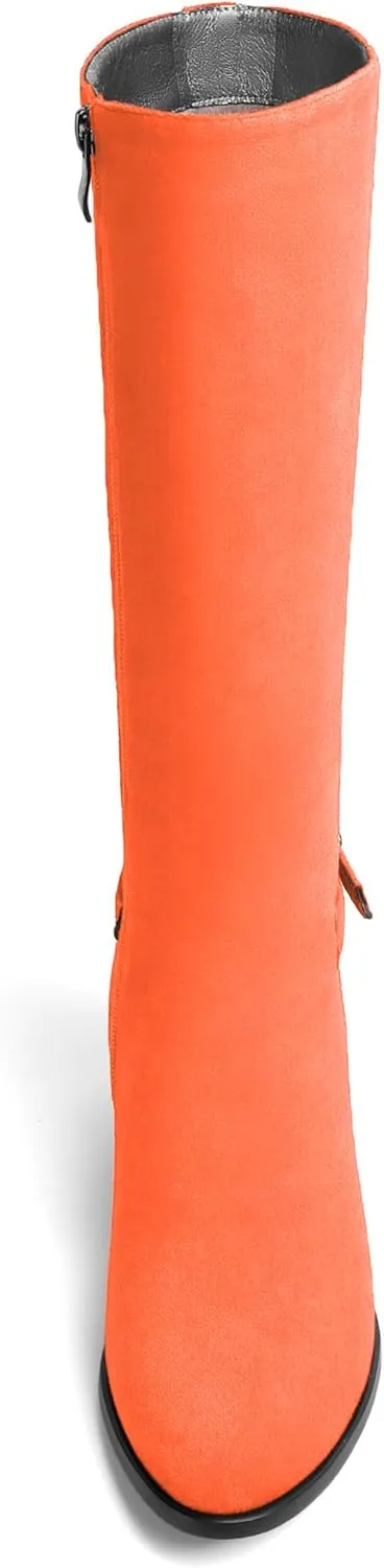 AMBELIGHT Womens Casual Round Toe Zip Suede Solid Dating Kitten Low Heel Mid Calf Boots 2 Inch