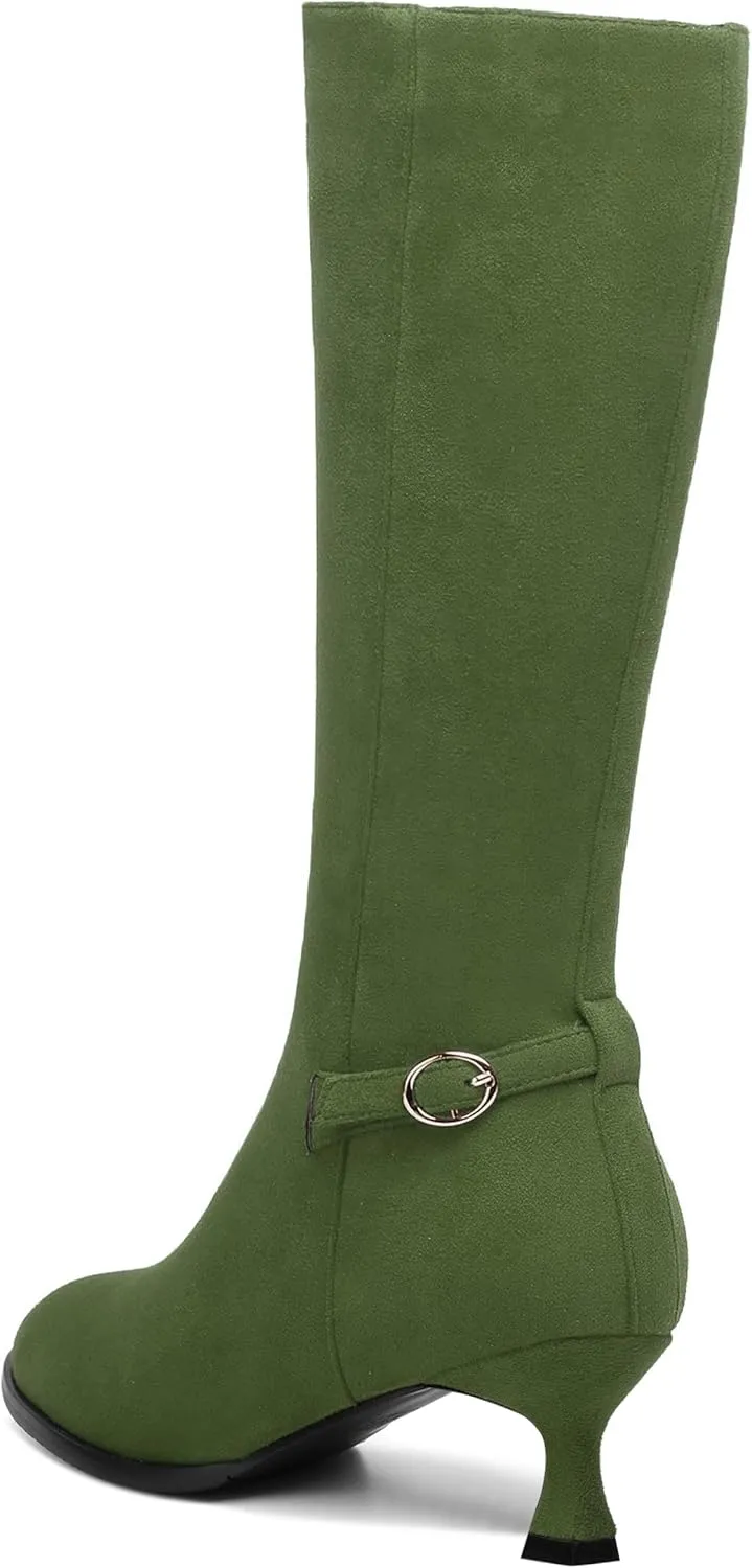 AMBELIGHT Womens Casual Round Toe Zip Suede Solid Dating Kitten Low Heel Mid Calf Boots 2 Inch