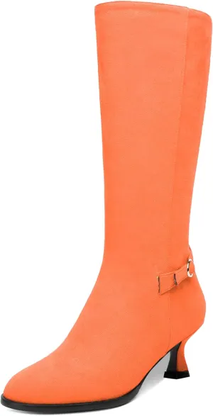 AMBELIGHT Womens Casual Round Toe Zip Suede Solid Dating Kitten Low Heel Mid Calf Boots 2 Inch