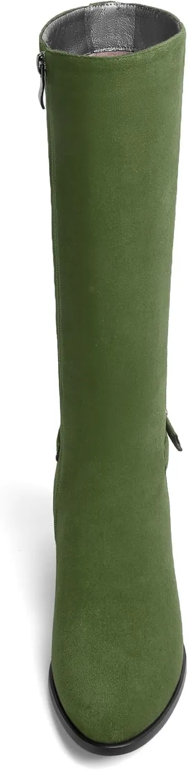 AMBELIGHT Womens Casual Round Toe Zip Suede Solid Dating Kitten Low Heel Mid Calf Boots 2 Inch