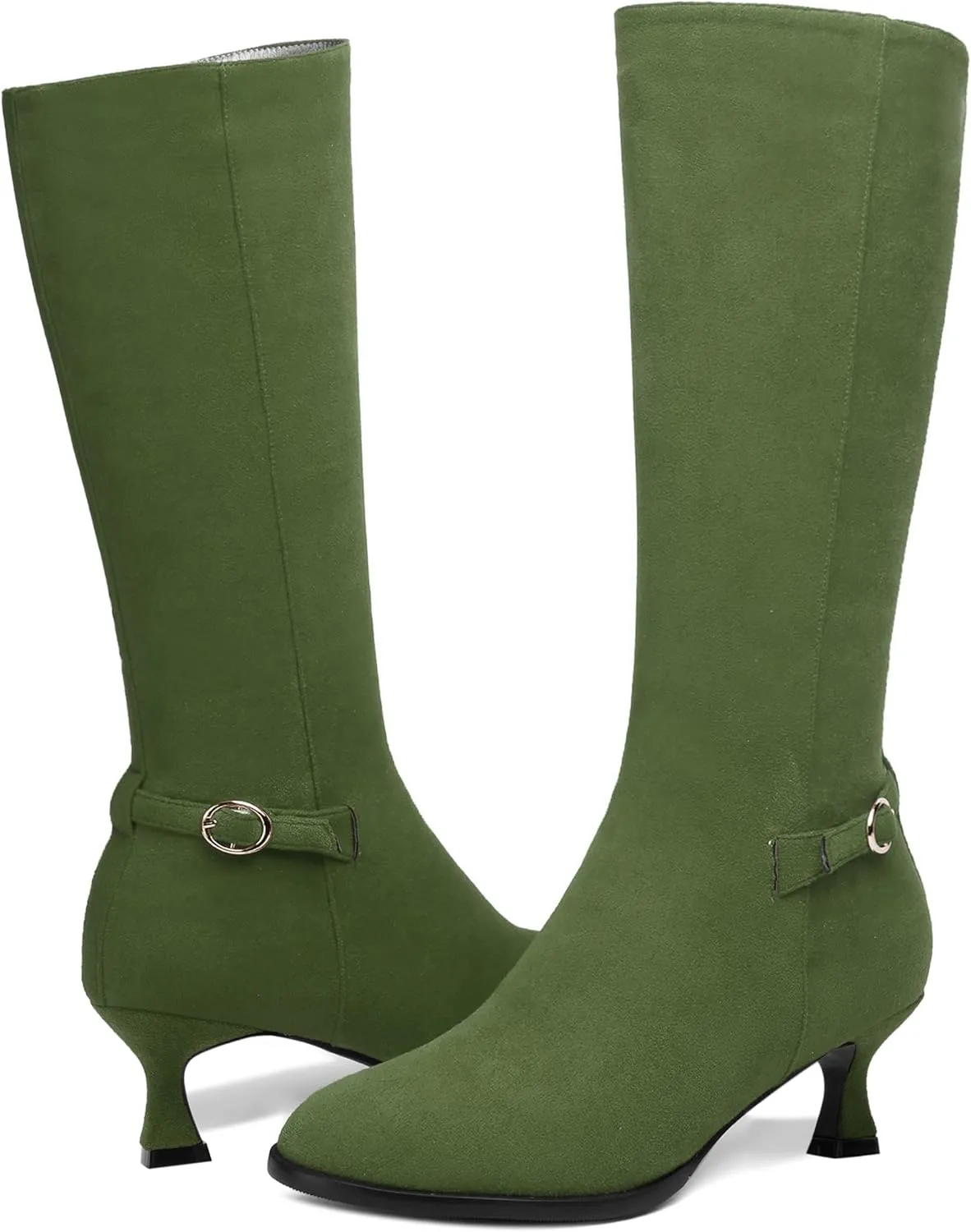AMBELIGHT Womens Casual Round Toe Zip Suede Solid Dating Kitten Low Heel Mid Calf Boots 2 Inch