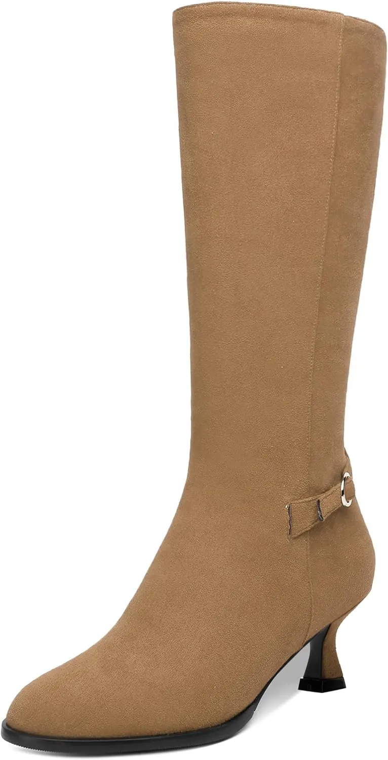 AMBELIGHT Womens Casual Round Toe Zip Suede Solid Dating Kitten Low Heel Mid Calf Boots 2 Inch