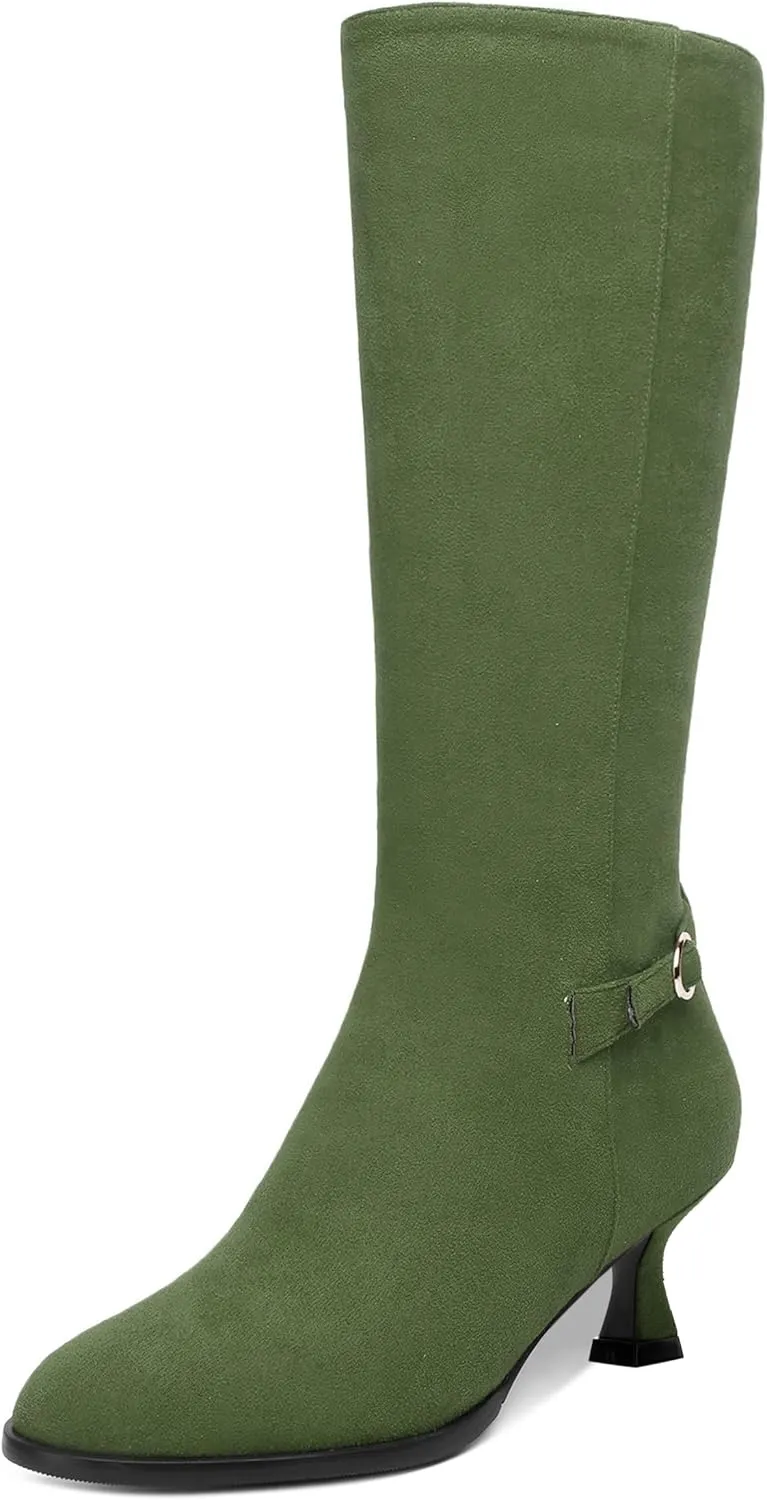 AMBELIGHT Womens Casual Round Toe Zip Suede Solid Dating Kitten Low Heel Mid Calf Boots 2 Inch