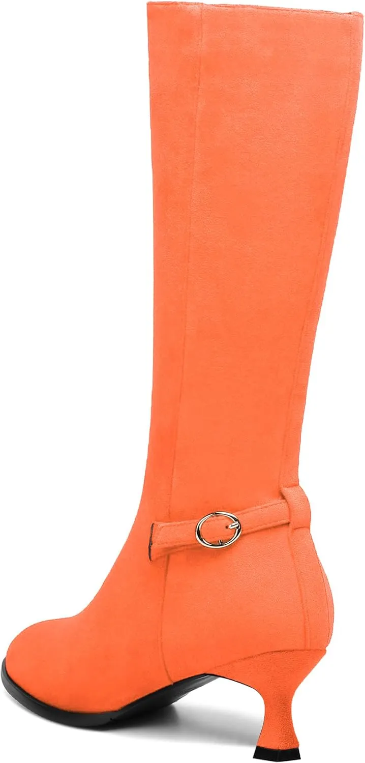 AMBELIGHT Womens Casual Round Toe Zip Suede Solid Dating Kitten Low Heel Mid Calf Boots 2 Inch