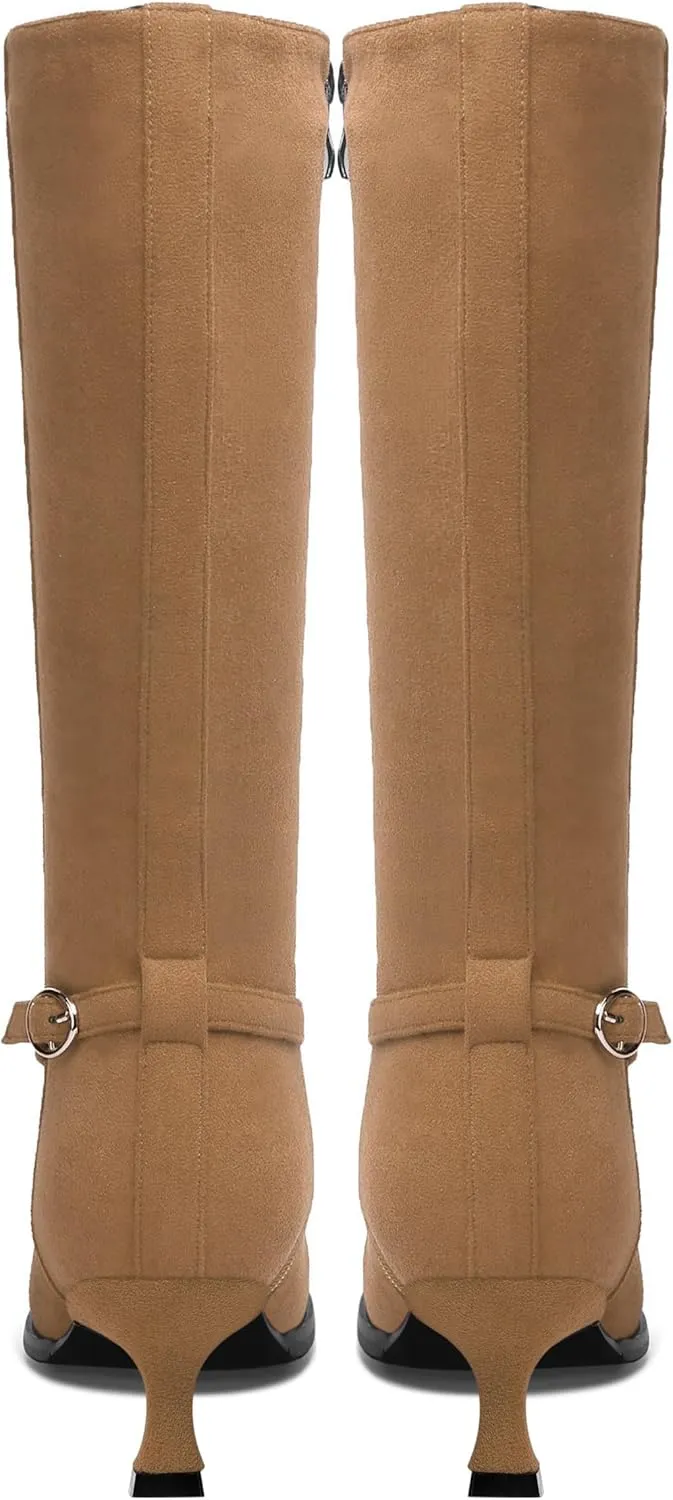 AMBELIGHT Womens Casual Round Toe Zip Suede Solid Dating Kitten Low Heel Mid Calf Boots 2 Inch