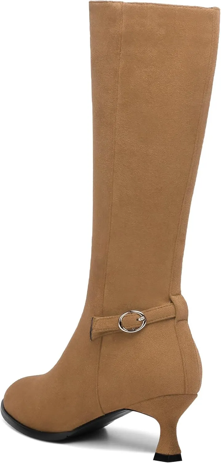 AMBELIGHT Womens Casual Round Toe Zip Suede Solid Dating Kitten Low Heel Mid Calf Boots 2 Inch