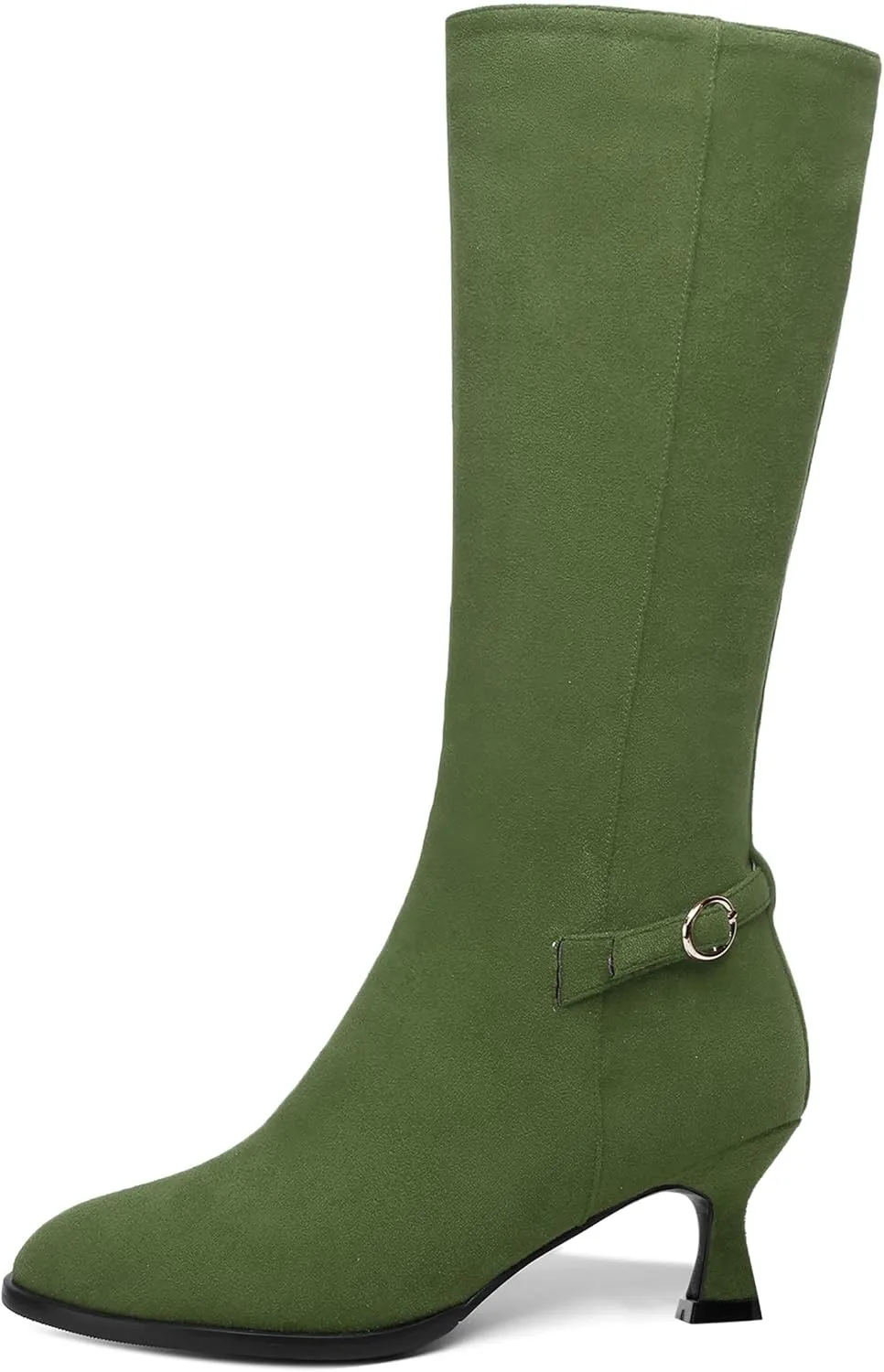 AMBELIGHT Womens Casual Round Toe Zip Suede Solid Dating Kitten Low Heel Mid Calf Boots 2 Inch
