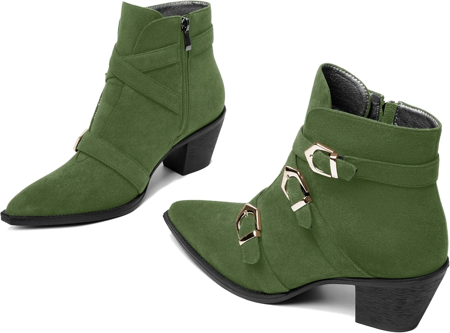 AMBELIGHT Womens School Bukcle Zip Suede Fashion Pointed Toe Chunky Low Heel Ankle High Boots 2.5 Inch